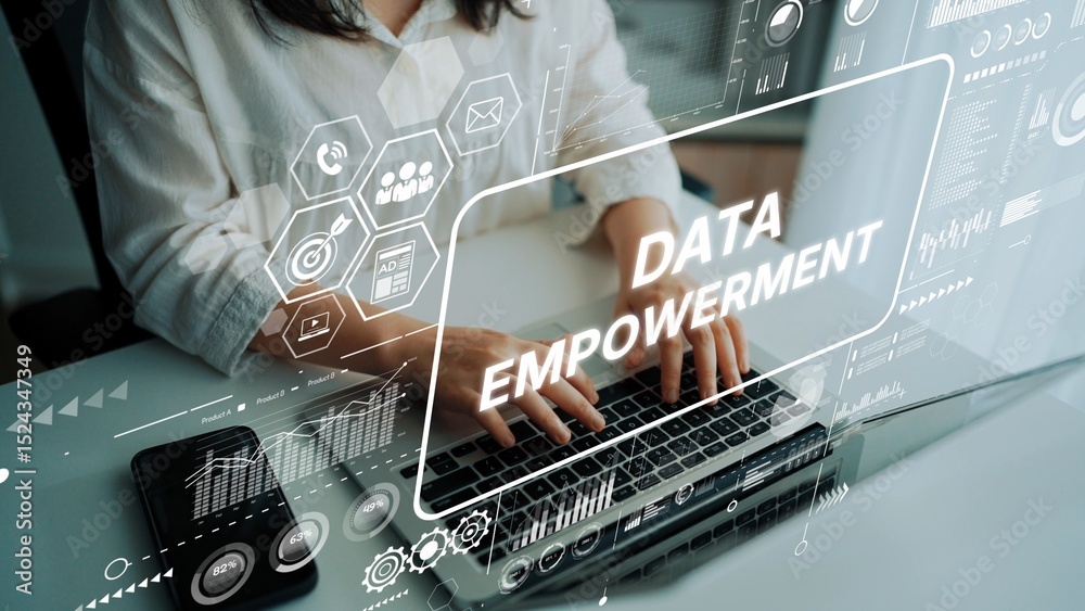 Poster empowering data transformation through digital technology and innovation in modern work environment.