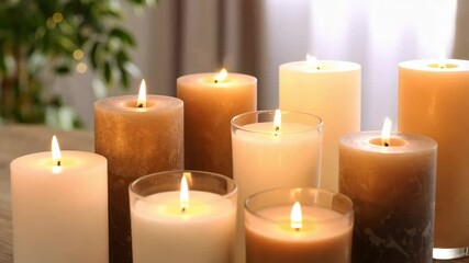 Elegant burning candles of varied sizes and colors create warm and cozy ambiance in a room setting - Powered by Adobe