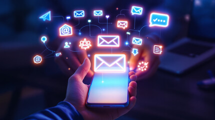 Email communication and digital messaging concept with smartphone futuristic glowing interface