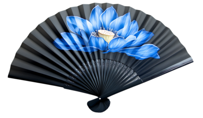 Black hand fan with blue lotus flower isolated on transparent background	