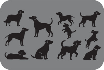 Obraz premium Collection of Dog Silhouettes in Various Poses on a Gray Background Featuring Standing Sitting Lying and Jumping Positions Ideal for Pet Themed Designs