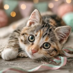 Curious kitten explores bright ribbons while resting on a cozy surface in a festive atmosphere