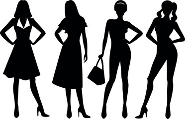 Fototapeta premium Silhouettes of four fashionable women in various poses and outfits vector art