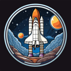 Obraz premium Space explorer patch emblem: spaceship taking off in outer space illustration