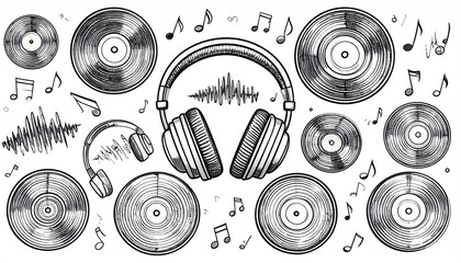 Hand-drawn sketch of vinyl records, headphones, musical notes, and sound waves, suggesting a vintage audio theme