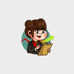cute cartoon mascot logo of a chinese woman who is analyzing business and company getting a rapid increase in profit graph