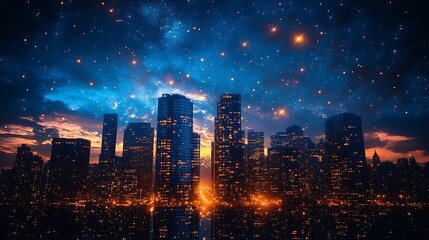 Obraz premium Cityscape at twilight with fireworks