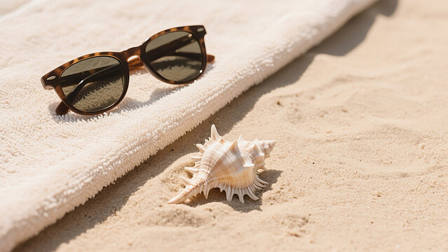 A flat lay composition featuring sunglasses with tortoise-shell frames on a soft white beach towel and a light-colored seashell on sand with sunlight and shadows.