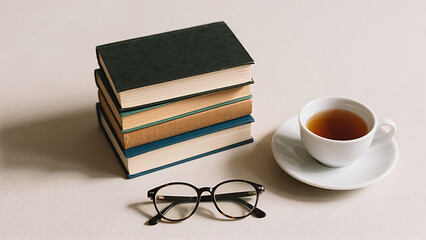 Naklejka premium An overhead image of a stack of books, a pair of reading glasses, and a cup of tea, arranged on a light-colored surface.