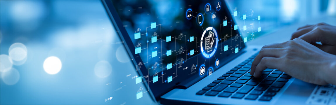 Businesswoman Using laptop to document management concept, online documentation database and digital file storage system or software, records keeping, database technology, file access, doc sharing