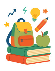 Vector illustration of a colorful school backpack, books, apple, pencil, and education symbols. Ideal for learning materials, educational websites, and print design.