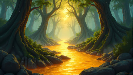 Gold river in the forest