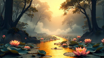 Foggy landscape, golden river flowing through a forest, water lilies, warm light, atmospheric