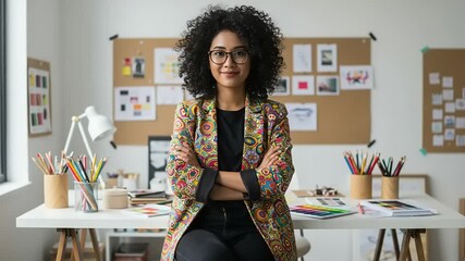 Woman in a colorful blazer, arms crossed, in a creative workspace.