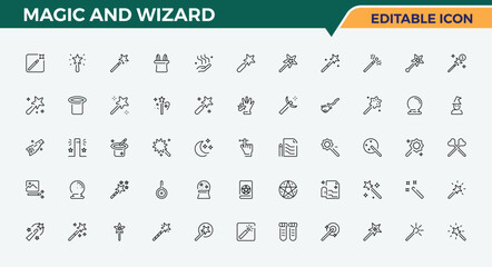 Magic And Wizard icon set. Wizard icon set. Vector icons collection. Includes symbols for wand, wizard, trick, magician, miracle and more. Vector illustration. Pixel perfect.