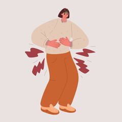Cartoon vector illustration of woman suffering from stomach pain
