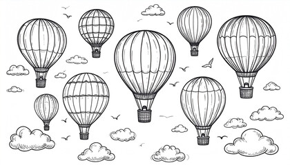 A whimsical sketch of multiple hot air balloons of varying sizes ascending amidst fluffy clouds and small birds, rendered in simple black lines against a white background