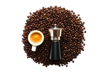 Freshly brewed espresso served with coffee beans and a moka pot isolated with transparent background