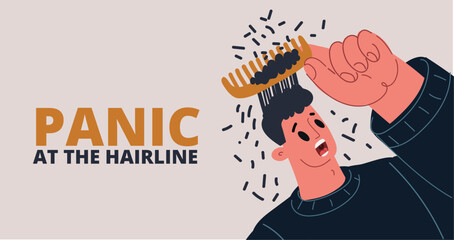 Cartoon vector illustration of a man worried about hair thinning while combing, highlighting hair health concerns