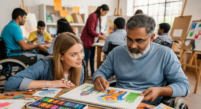 Older South Asian man in a wheelchair draws colorful sketches while receiving one-on-one support in an inclusive community art class.