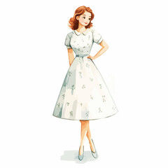 Watercolor Illustration of a Woman in a Floral Dress with Peter Pan Collar