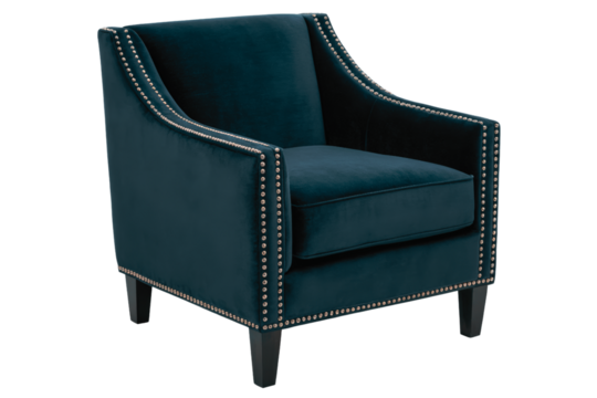 Luxurious velvet armchair with decorative nailhead trim isolated with transparent background