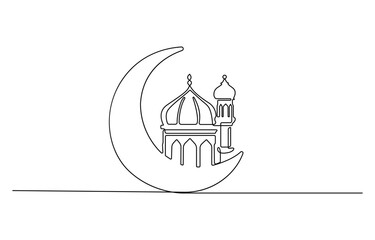 Naklejka premium Continuous one line drawing of moon and mosque. Islamic new year concept. Muharram line art vector minimalist design. Islamic ornament white background vector illustration.