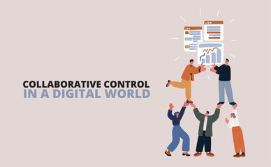 Cartoon vector illustration of people interacting with floating interface windows, symbolizing teamwork and digital collaboration