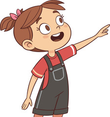 Happy Cartoon Girl with Brown Hair in Pigtails Wearing Red Shirt and Overalls on White Background

