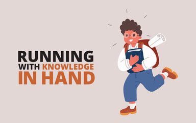 Cartoon vector illustration of a schoolboy rushing with a book, symbolizing enthusiasm, learning, and academic motivation