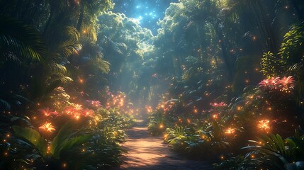 Tropical forest path at night