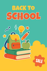 Bright back to school vector poster with text, school supplies, and sale label. Perfect for banners, promotions, social media ads, and commercial print.