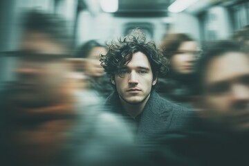 A young white man with curly hair stares ahead amid a crowd on a subway, with surrounding people blurred in motion. This image evokes themes of focus, individuality, and urban disconnection.