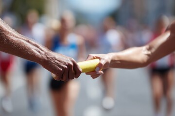A close-up of two athletes passing a yellow baton during a relay race, captured mid-hand-off with a blurred background of competitors. 