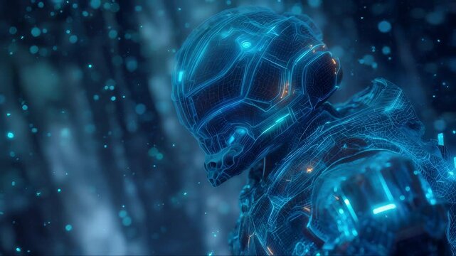 Glowing combat suit on futuristic warrior in atmospheric sci-fi setting, bathed in blue neon light. Advanced suit design and visual effects, high-tech nature of this cyber soldier, digital aesthetic - Powered by Adobe