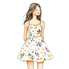 Fototapeta premium Watercolor Illustration of a Woman in Floral Dress with Eyes Closed