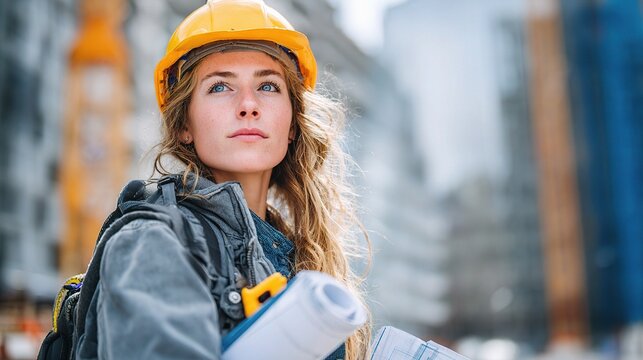 Young Ambitious Female Architect with Equipment on Construction Site - Powered by Adobe