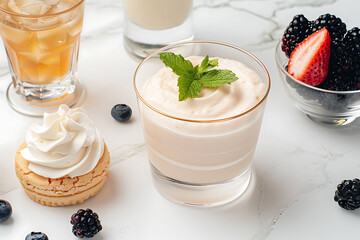 retro food display, retro desserts and drinks arranged in a pop design style on a vintage table in a flat lay composition