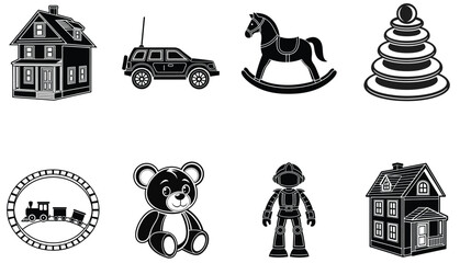 Children’s Toy Collection in Simple Black Silhouette Style