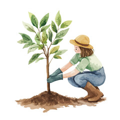 Watercolor illustration of a woman planting a young tree with care