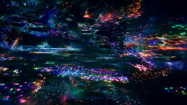 Vibrant light particles pulsating across a cosmic digital landscape