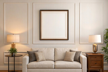 Luxury Living Room Interior with Blank Square Frame Mockup