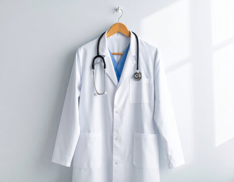 A doctor's white lab coat hangs neatly on a hanger against a bright, clean background, symbolizing professionalism.