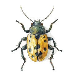 Watercolor Illustration of a Yellow Spotted Beetle with Dark Green Elytra