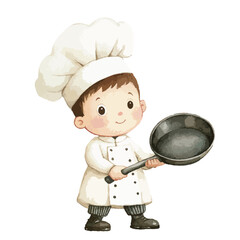 Watercolor Illustration of a Young Chef Holding a Frying Pan