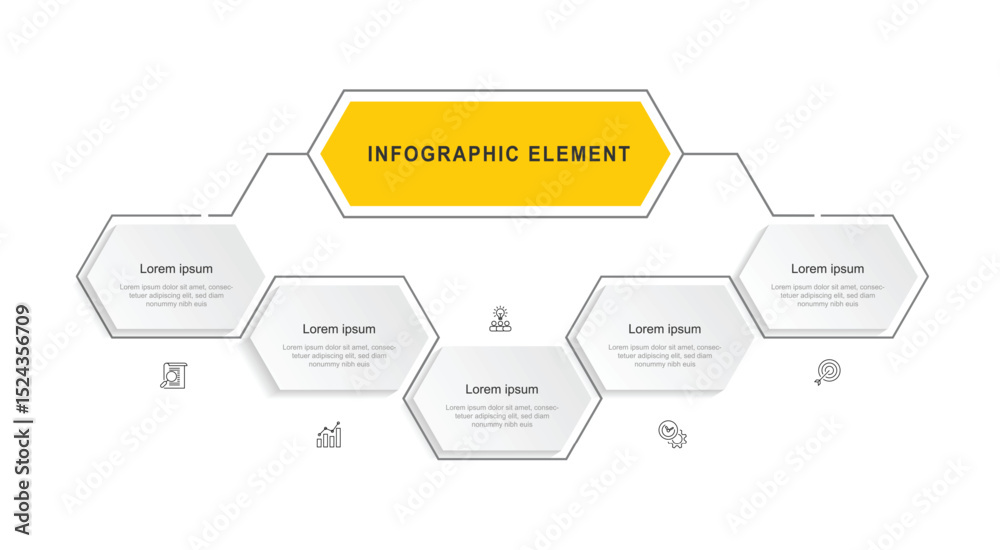 Poster 5 step infographic template. Vector diagram with 5 line hexagon and icons suitable for business information and web presentation.