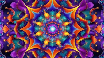 Kaleidoscopic mandala made of vibrant fractals and intricate details.