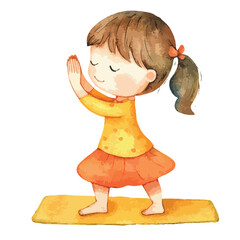Watercolor Illustration of a Young Girl Practicing Yoga on a Mat