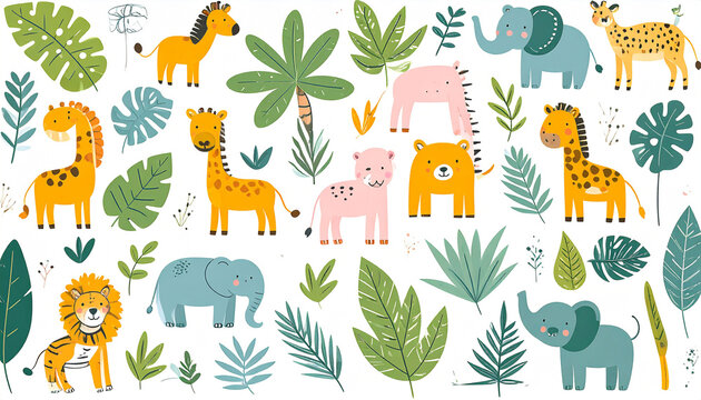 A whimsical collection of cartoon safari animals and tropical foliage, featuring giraffes, elephants, lions, a zebra, and hippos, rendered in a bright, cheerful style against a white background
