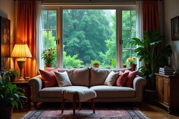 Cozy home interior scene, rain falling outside window, soft light illuminating comfortable furniture Perfect for blogs, websites, or articles about relaxation, comfort, and home , cozy, domestic